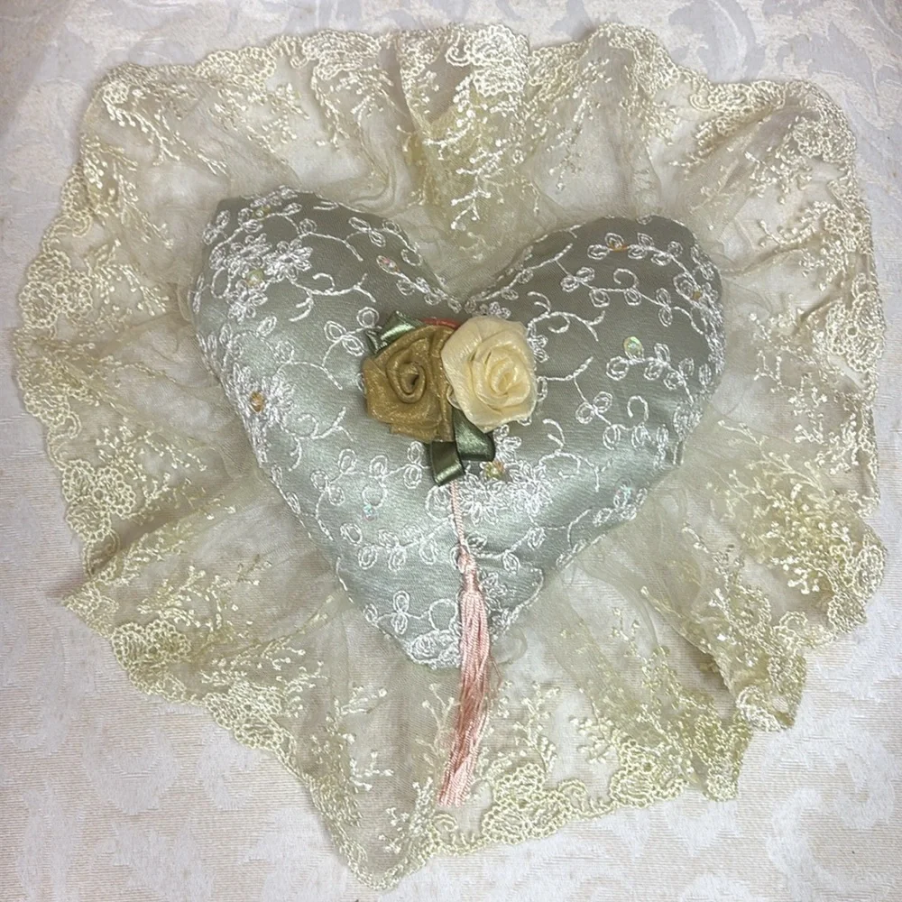 Victorian French Lover Lace Heart Pillow Hand Crafted Vintage Cottage Decor Pink